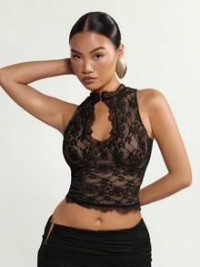 SHEIN ICON Áo tank top crop ôm sát cổ ren khoét eo kiểu Trung Quốc Y2K màu đen dành cho nữ, thích hợp cho các buổi hòa nhạc, tiệc tùng, câu lạc bộ, hẹn hò, lễ hội Coachella, gợi cảm và thanh lịch, mùa hè. - màu đen - Xem 3