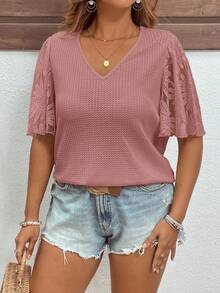 SHEIN Clasi Plus Size Elegant Waffle Knit Patchwork Ruffle Sleeve T-Shirt - Dusty Pink - View 8