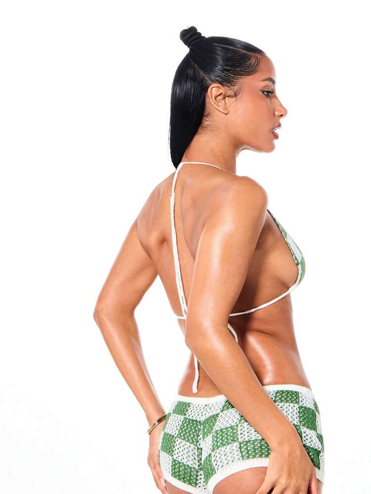 SUMWON WOMEN Checkered Knit Bikini Set With Halter Top