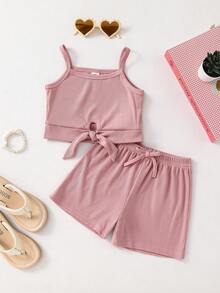 SHEIN 2pcs/Set Young Girl Light Pink Ribbed Knit Camisole And Shorts Set,Summer Matching Holiday Family Vacation Resort Wear Tweens Two Piece Outfits,Cute - Pink - View 6