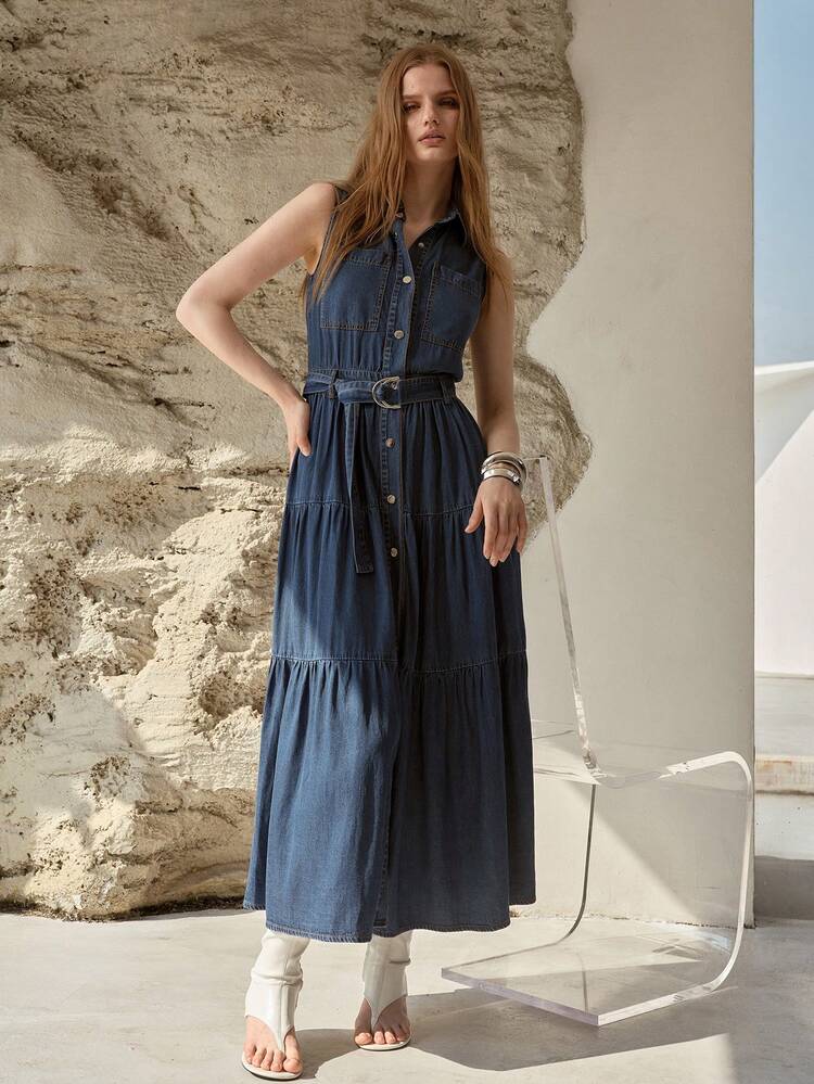 SLEEVELESS DENIM BELTED DRESS, SPRING/SUMMER