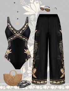 Swim Oasis 女士两件套印花性感连体泳衣，适合海滩、约会、派对、春夏穿着，高端时尚度假风 - 黑色 - 查看 3