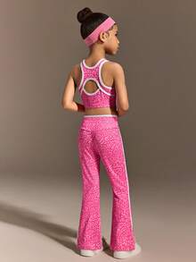 SHEIN 女童粉色豹纹背心和裤子套装，高弹面料 - 粉色 - 查看 13