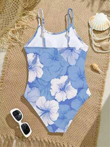 SHEIN 女童碎花数码印花连体泳衣，休闲度假风，适合夏季海滩游泳 - 白色 - 查看 2