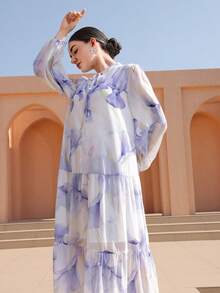 Graceveil 优雅雪纺印花长裙 - 紫羅蘭色 - 查看 1