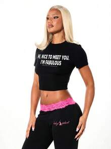 BABYPHAT Women's Slogan Print Cropped Fitted Casual T-Shirt - Black - View 6