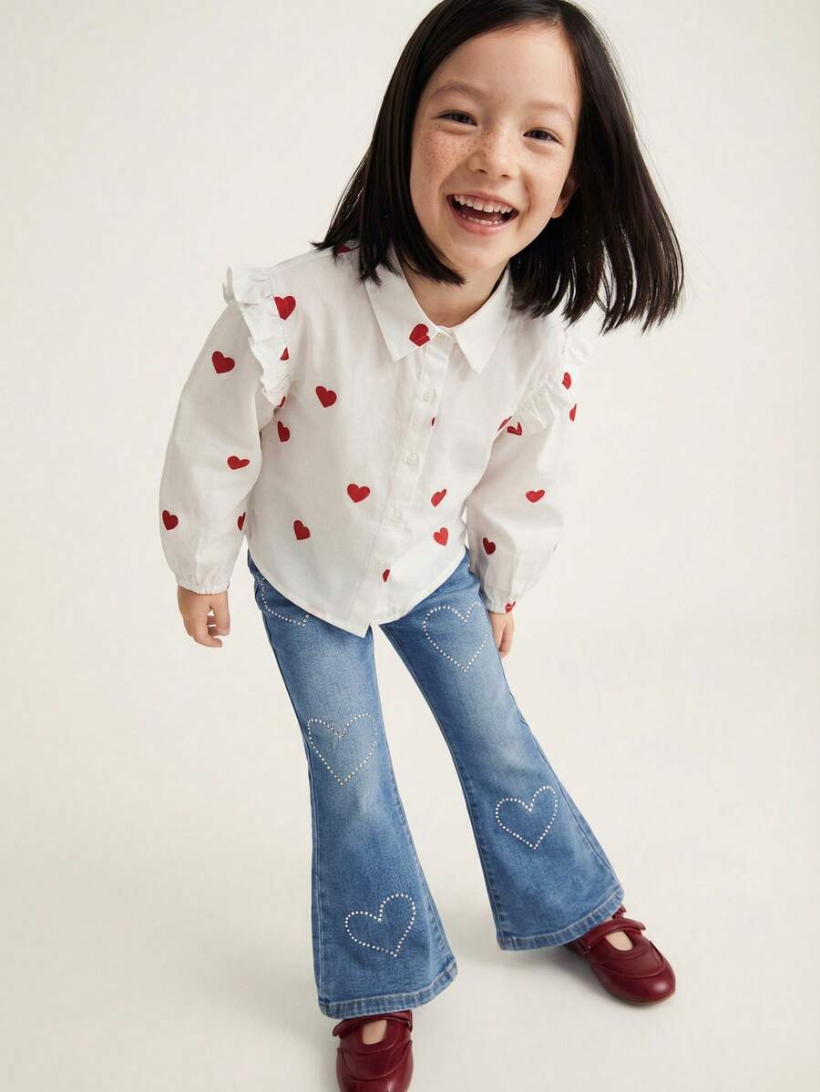 Maija Kids Heart Print Frill Trim Casual Long Sleeve Blouse - Red and White - View 1