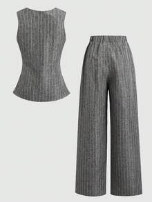 Tween Girls Casual V-Neck Asymmetrical Hem Top And Pants Set - Brown - View 5