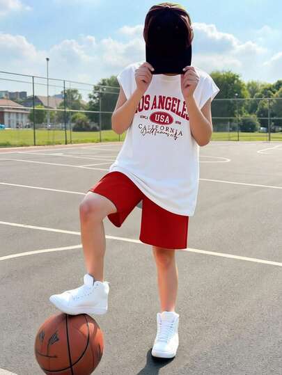 2件套青少年男童简约运动无袖上衣和针织短裤套装，舒适百搭，春、夏、秋季新款