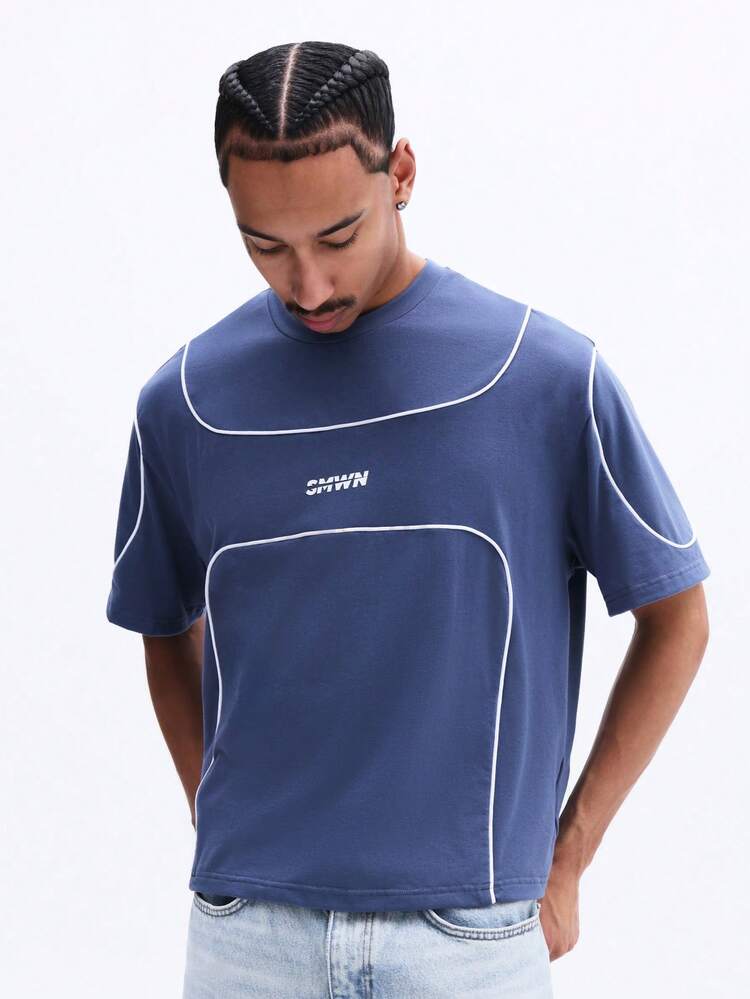 SUMWON Blue Crew Neck Tee With White Piping