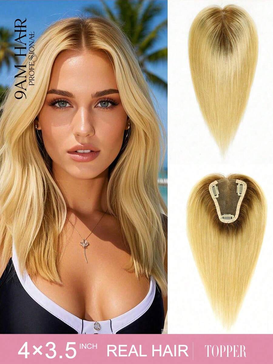 4x3.5 Human Hair Lace Topper For Women,Blonde With Dark Roots Color Hair Pieces For Thinning Hair Hair Loss,Adds Volume & Covers Gray - S8/24 - View 1