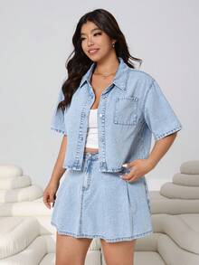 Solflare Kemeja Denim Biru Tua Ukuran Besar, Warna Polos, Bahu Longgar, Lengan Pendek, Kancing Depan, Kasual, Liburan Musim Panas, Serbaguna, Cocok untuk Wanita, Liburan Musim Semi, Karnaval - Biru - View 5