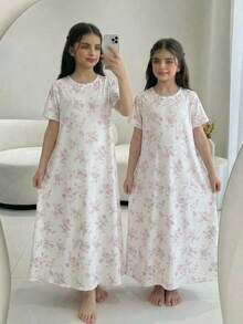 Tween Girls' Elegant Ditsy Floral Long Nightgown With Bow Collar, Cuff And Hem Trim, Knee-Length Sleepwear - Pink - View 3