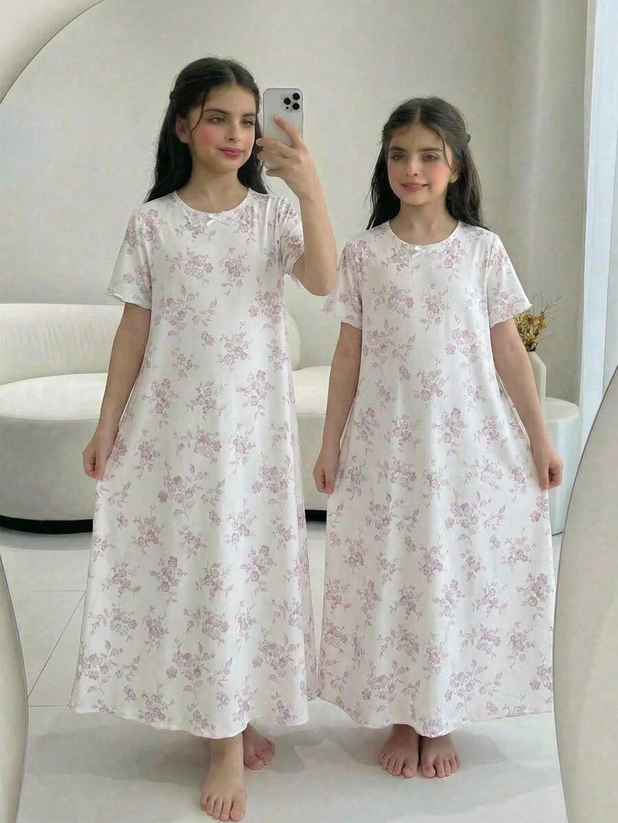 少女优雅碎花长款睡裙，领口、袖口和下摆均饰有蝴蝶结，及膝睡衣 - 粉色 - 查看 1