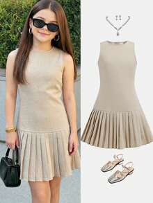 Firerie Kids Tween Girls Sleeveless Pleated Dress, Casual, Fashionable, Versatile, Suitable For Party, Outing, Sister Photo Shoot, Park, Camping, Vacation, Daily Casual Wear - Apricot - View 1