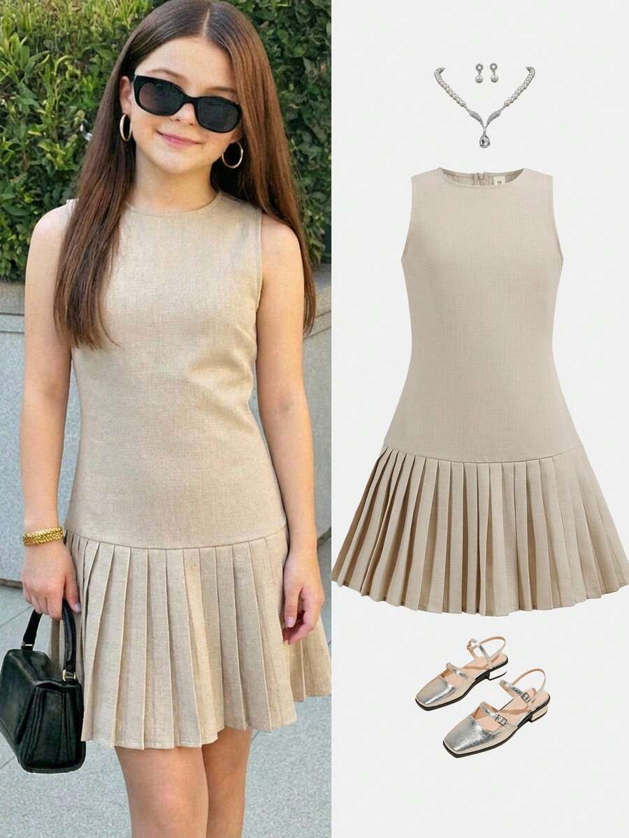 Firerie Kids Tween Girls Sleeveless Pleated Dress, Casual, Fashionable, Versatile, Suitable For Party, Outing, Sister Photo Shoot, Park, Camping, Vacation, Daily Casual Wear - Apricot - View 1