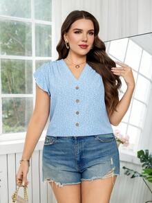 SHEIN Clasi Plus Size Women Floral Print V-Neck Cap Sleeve Button Down Blouse Summer,Spring,Holiday,Going Out Top - Blue - View 7