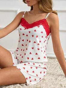 SHEIN Women Cotton 2 Pcs Contrast Colour Lace With Rib Knit Heart Patterned Sleep Top&Shorts Homewear Comfort Pajama Set - White - View 6