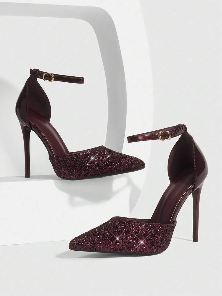 CUCCOO SZL Women Shoes Pointed Stiletto Burgundy Shiny Glitter Ankle Strap Women's Hollow Shoes Fashion Sexy Dinner Party Nightclub And Other Occasions Women's High Heel Shoes Women's Shoes Spring Shoes