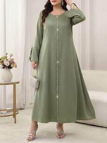 SHEIN Najma Elegant V-Neck Flare Sleeve Ruffle Hem Dress, Spring/Summer - Green - View 5