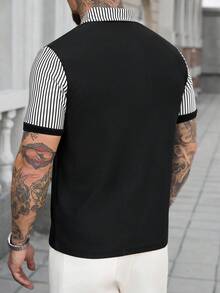Manfinity CasualCool Men's Colorblock Striped Print Button Casual Short Sleeve Polo Shirt Golf Shirt For Men Mens Clothes Outfits Polo Shirt For Men Casual Polo Blouse For Men Retro Outfit For Men - Black - View 2