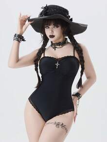 ROMWE Goth Contrast Lace Ruched One Piece Swimsuit - Black - View 6