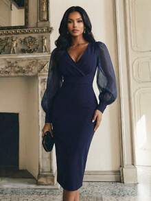 Playroots 女士优雅修身拼接欧根纱长袖连衣裙，后开衩设计，春季款 - 藍色 - 查看 1