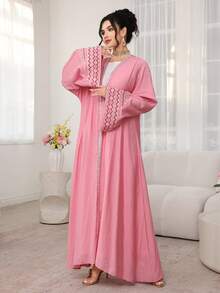 Al Najma Geometric Embroidery Patchwork Robe With Headscarf, Pink - Pink - View 5