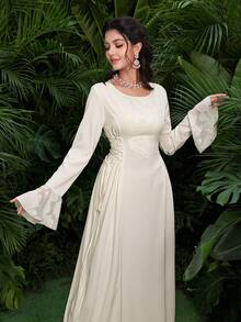 Al Najma Jacquard Patchwork Tie-Up Design Waist Cinched Round Neck Flare Sleeve Elegant Party Dress - Apricot - View 10