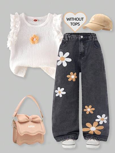 少女时尚贴袋雏菊刺绣阔腿宽松牛仔裤，适合早午餐穿着。Y2K复古深灰色水洗3D卡其色雪花牛仔裤，适合学校、校园、秋冬季节穿着。女童喇叭裤，时尚童裤，复古水洗牛仔裤，时尚雪花水洗花卉刺绣阔腿牛仔裤，花朵牛仔裤，雏菊牛仔裤，刺绣牛仔裤，可爱牛仔裤，秋冬90年代风格。