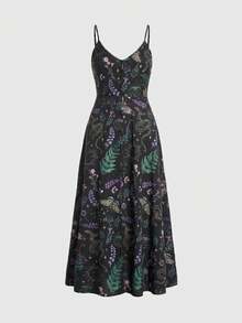 ROMWE Goth 哥特式暗黑蛾叶植物蝴蝶蛇日月星森系吊带低胸性感长裙 - 彩色 - 查看 1