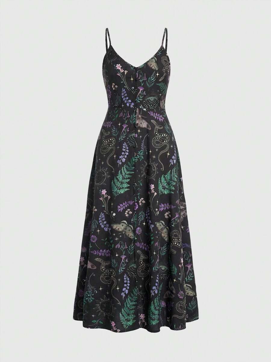 ROMWE Goth 哥特式暗黑蛾叶植物蝴蝶蛇日月星森系吊带低胸性感长裙 - 彩色 - 查看 1