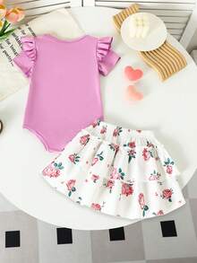 SHEIN 3pcs Baby Girl Sweet Floral Print Bodysuit, Flutter Sleeve Bodysuit, Bowknot Skirt & Headband Set, Summer - Purple - View 2