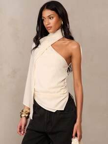 SHEIN BAE Elegant Chiffon Flowy Asymmetric Cold-Shoulder Top, Suitable For Elegant Top, Brunch Top, Wedding Guest Top, Summer Top, Apricot Top, Cream Top, Summer For Women, Going Out Top For Women, Summer Holidays, Casual Blouse For Women, Spring Top Women, Works For Women, Fashionable Top, Flowy Top, Casual Blouses For Women, Women's Cruise - Apricot - View 6