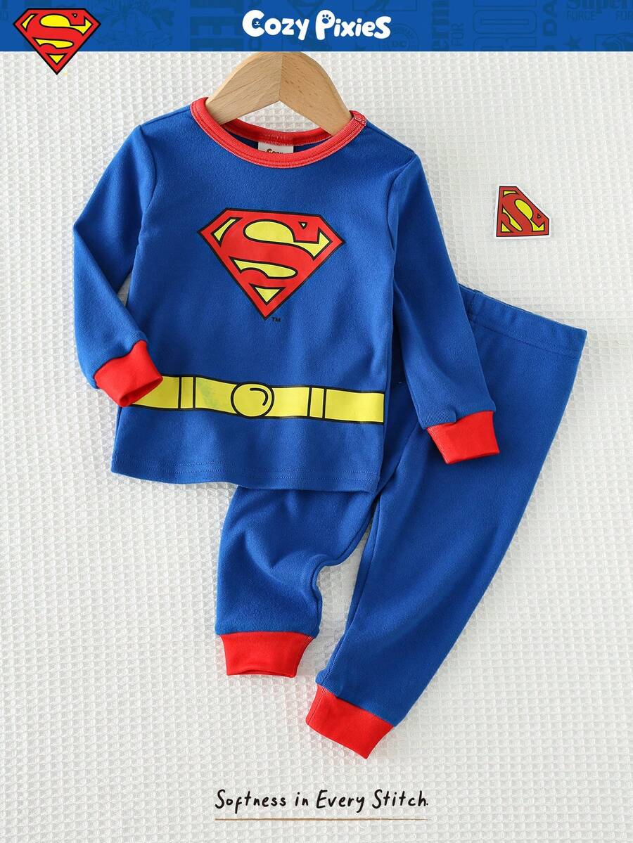 SUPERMAN X Cozy Pixies 两件套男婴贴身睡衣套装，柔软针织圆领长袖上衣和弹性腰长裤，印有超级英雄图案。 - 藍色 - 查看 1