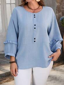 EMERY ROSE Blusa de manga 3/4 de cuello redondo de color azul sólido casual de vacaciones de talla grande para mujer, ideal para vacaciones de verano, vacaciones de primavera, vacaciones, salidas, 2026 nueva, simple y de moda para uso diario, blusa casual de vacaciones bohemia, blusa azul claro, blusa azul bebé para mujer, blusa casual de vacaciones bohemia, adecuada para verano, vacaciones, viajes, uso diario - Azul - Ver 3