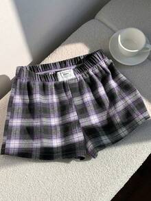 Comfortcana Quần short nữ dáng rộng, họa tiết kẻ caro, cạp chun co giãn, màu tím. - Màu tím - Xem 6