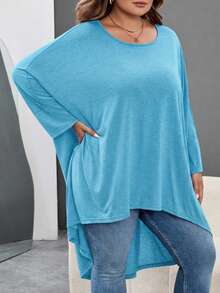 SHEIN CURVE+ Áo thun cỡ lớn dáng rộng, vạt cánh dơi bất đối xứng, trước ngắn sau dài, cổ tròn, màu trơn, co giãn, mềm mại, thoải mái, đa năng, thời trang, mặc hàng ngày cho nữ, mùa thu, CURVE PLUS/Thu/Đông - Màu xanh nhạt - Xem 6