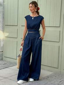 Serisse Women's Round Neck Dolman Sleeve Top And Wide Leg Jeans Casual Outfit Summer - Blue - View 4