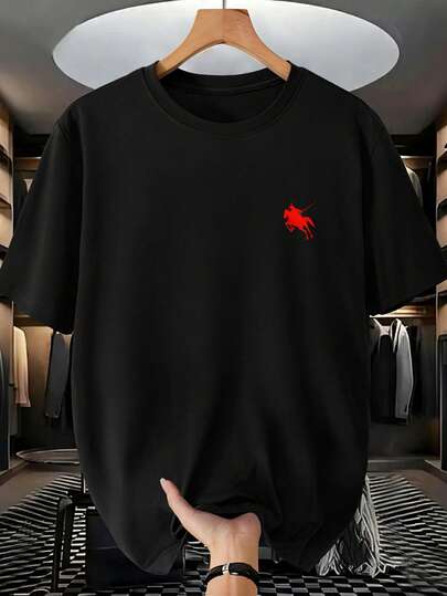 Camiseta de manga corta casual de cuello redondo negra con logo minimalista de caballo para adolescentes varones, versátil para el verano