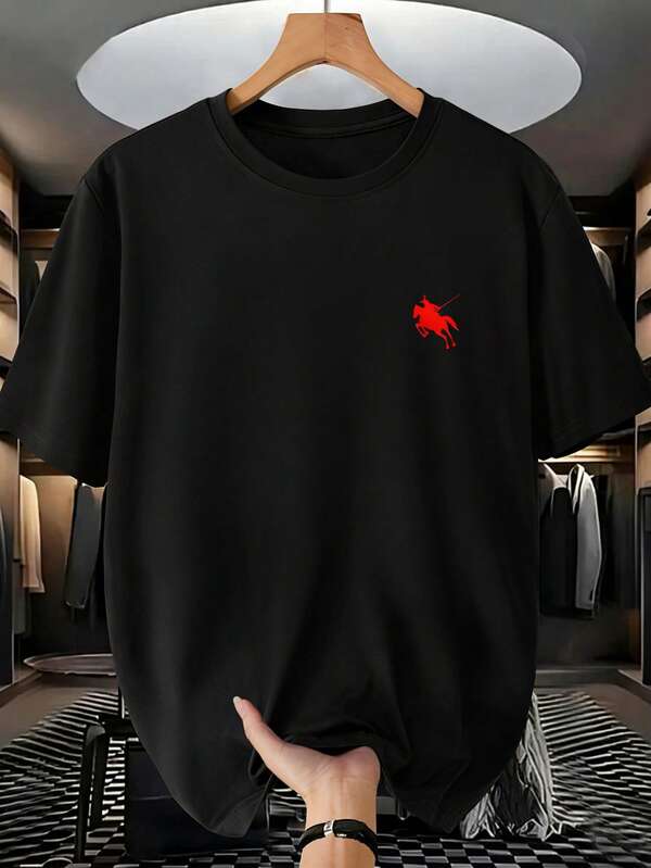 青少年男童简约马匹标志黑色圆领休闲短袖T恤，夏季百搭