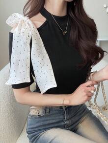 FRIFUL 女士圆领露肩撞色波点蝴蝶结面料修身短袖甜美T恤 - 黑色 - 查看 4