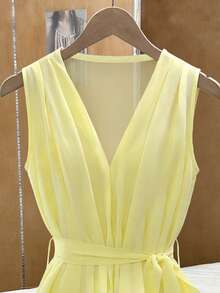 Elenzga 新款V领无袖薄纱性感系带优雅通勤度假百搭修身女式衬衫 - 黃色 - 查看 5