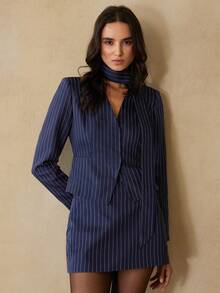 Revavyn 两件套藏蓝色条纹系带露背休闲套装裙，优雅女士办公室通勤装 - 藏蓝色 - 查看 6