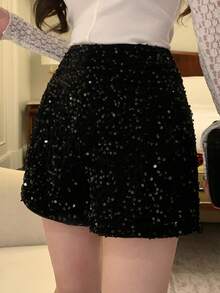 DAZY Women's Elegant Sequin Decorated Shorts, Spring/Summer - Black - View 4