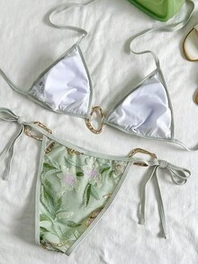 SHEIN Swim Women's Embroidered Fabric Metal Decor Halter Tie Sexy Bikini Set, Suitable For Beach & Holiday - Green - View 3
