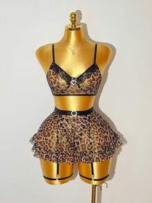 5pcs/Set Women's Sexy Lace Patchwork Mesh Leopard Print Lingerie Set - Multicolor - View 6