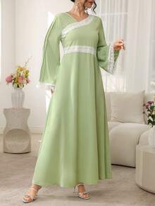 SHEIN Najma Oblique Collar Lace Trim Pleated Long Sleeve Flared Hem Arabic Style Dress For Women - Green - View 6