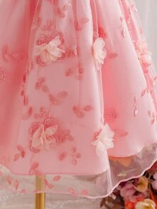 SHEIN Glamorique Kids Đầm dự tiệc thanh lịch màu trắng thêu họa tiết, lưng chữ V, thắt nơ, dành cho bé gái, phù hợp cho mọi mùa. - Hồng - Xem 6