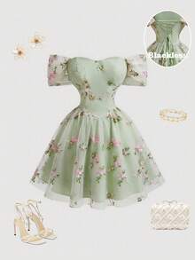 SHEIN MOD 女士露肩印花优雅收腰派对迷你连衣裙 - 綠色 - 查看 4